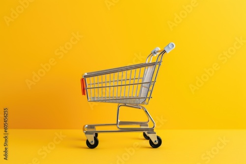 closeup of a miniature shopping cart on a yellow background. shopping concept, Generative AI