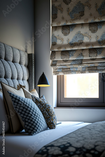 Modern bedroom with prettily patterned Roman shades. Generative AI photo