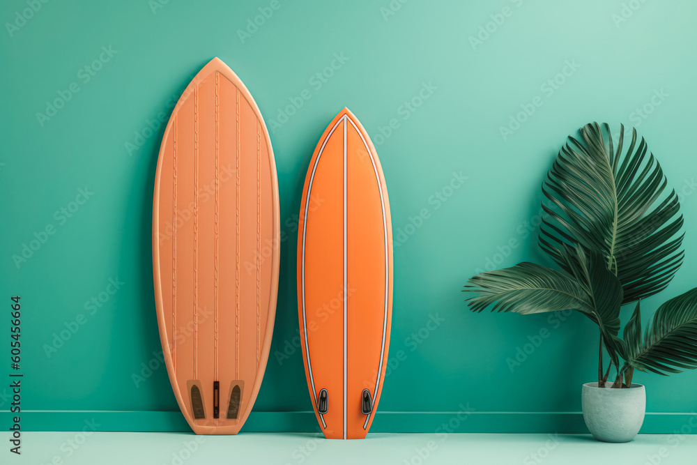 orange surfboards on the tiffany blue background. summer surfing
