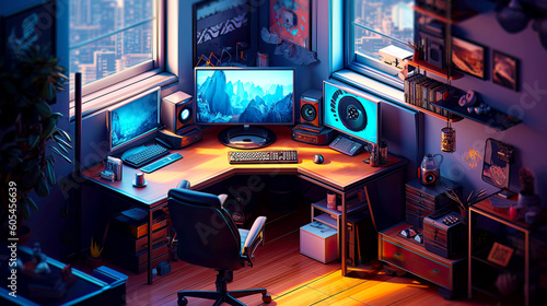 Isometric view of a gamers room with top electronic equipment. Postproducted generative AI illustration. 