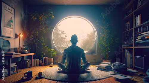Man sitting in his room on rug and meditate. Postproducted generative AI illustration.	