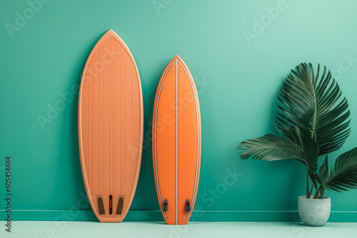 orange surfboards on the tiffany blue background. summer surfing concept. Generative AI