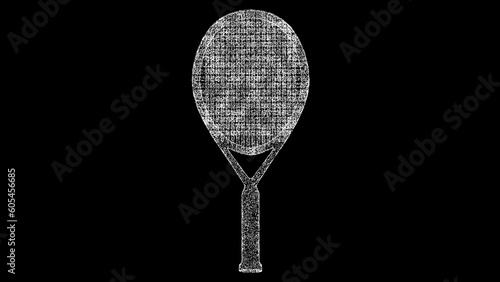 3D tennis racket on black background. Object made of shimmering particles. Sport equipment concept. For title, text, presentation. 3d animation. © Оксана Олейник