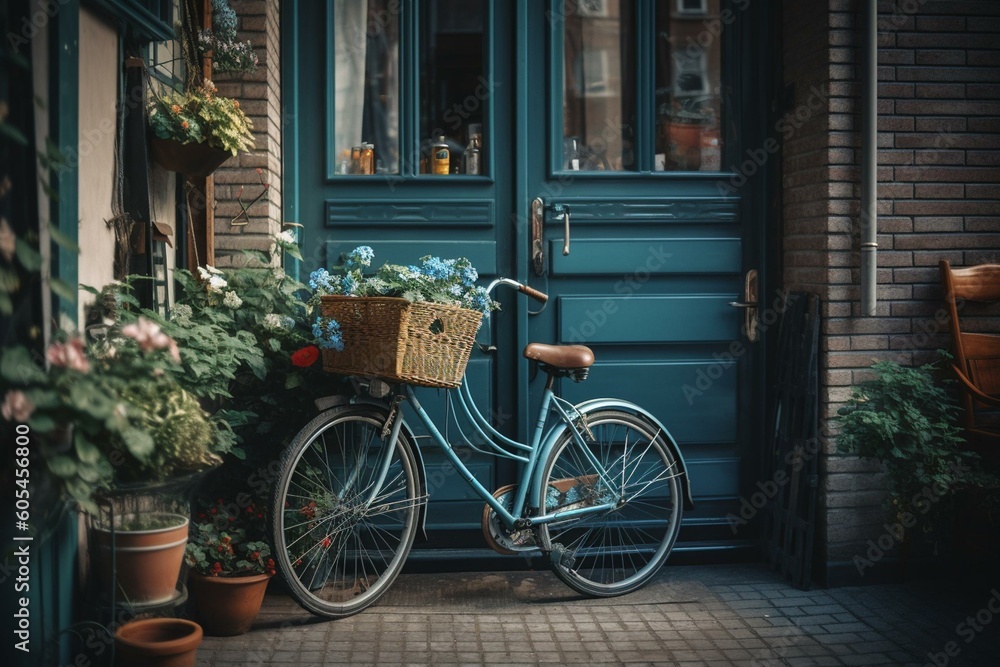 A blue bike with a flower basket parked by a brick building with a green door and window. Generative AI