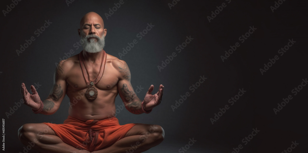 Fototapeta premium Indian Guru, a man siddha yoga teacher with long hair, sitting in meditation asana. AI Generative