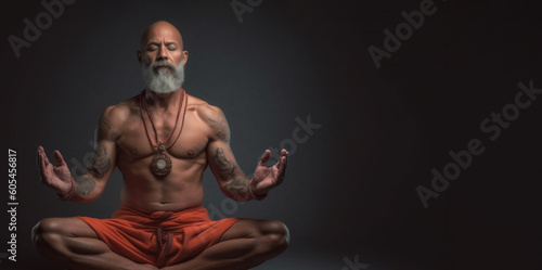 Indian Guru, a man siddha yoga teacher with long hair, sitting in meditation asana. AI Generative © Elena