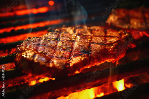 close up cooking steak on the grill, summer vacation bbq. Generative AI