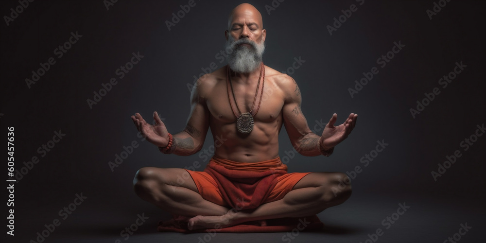 Indian Guru, a man siddha yoga teacher with long hair, sitting in meditation asana. AI Generative - obrazy, fototapety, plakaty 