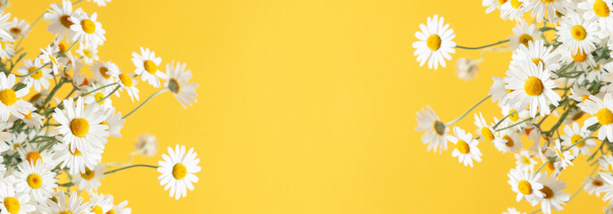 Flowers composition. White field chamomile on yellow background. panoramic photo of summer daisy flowers