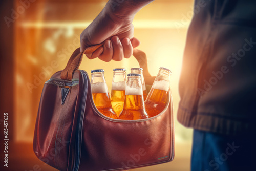 Obraz na płótnie hand holds a cooler bag with bottles of cold beer