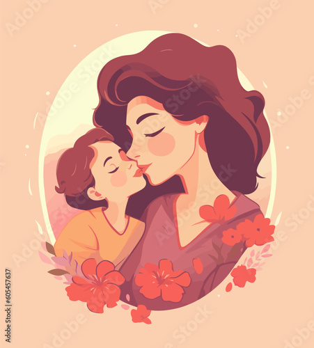 Vector Illustration Of Mother Holding Baby Son In Arms And Kissing On Cheek With Floral Decoration, Suitable For Happy Mother's Day Greeting Card Or Poster Design.