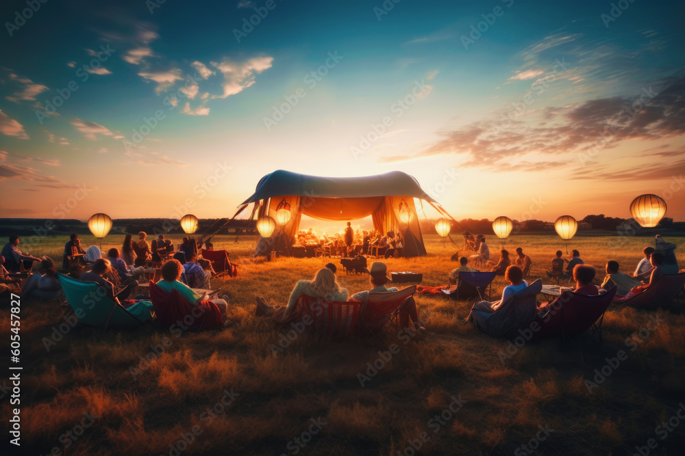 tent with cinema under the open sky in the evening hot summer, panorama. Generative AI