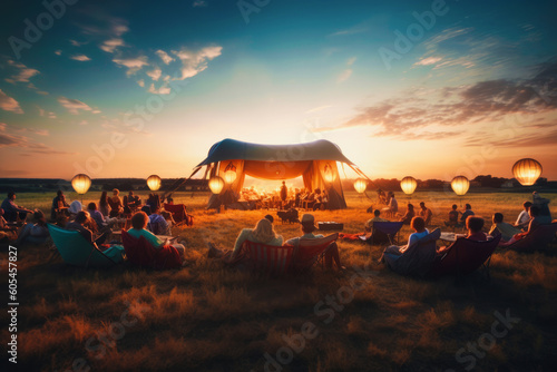 tent with cinema under the open sky in the evening hot summer  panorama. Generative AI