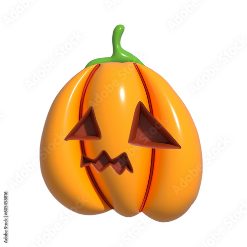 Halloween Realistic 3d Orange Pumpkin with sad face. 3d rendered object. Design element isolated on white background.