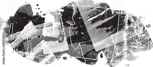 Glitch distorted grungy abstract forms . Blob shape organic. Template for presentation, banner . Fluid isolated shape .Grunge textured . Liquid vector shapes with  halftone dots .Screen print texture