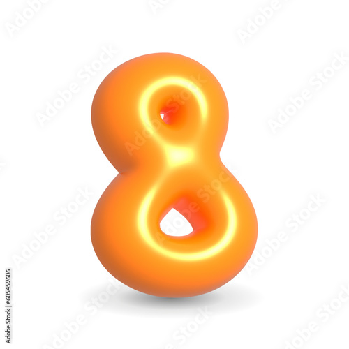 Glistening, lustrous and gleaming orange balloon digit Eight. 3d realistic design element isolated on white background. For Birthday cake, Party, Happy Birthday.