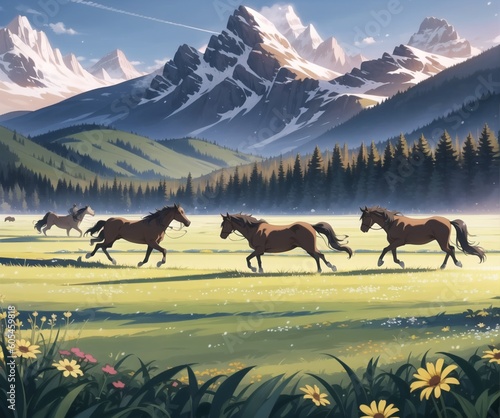 horses in field.Created with Generative AI © WarTroped