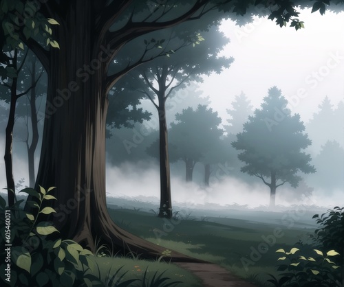 Forest with fog.Created with Generative AI