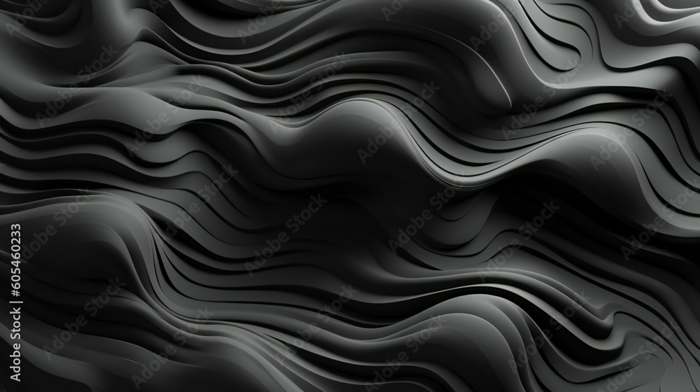 Close-up of a 3D black and grey wave pattern, liquid, fluid, soft and rounded forms