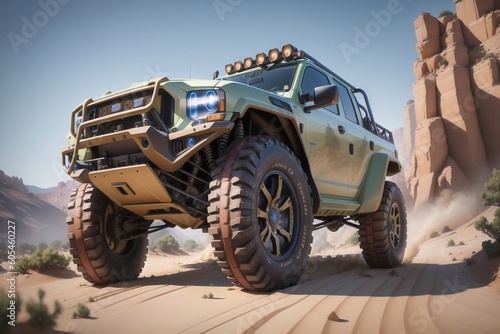 Jeep in desert. Created with Generative AI