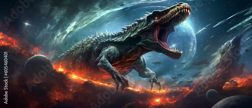 huge dinosaur appears through a rift in the multiverse, galaxy, attack, war, hunter, predator, terror, science fiction, generative ai
