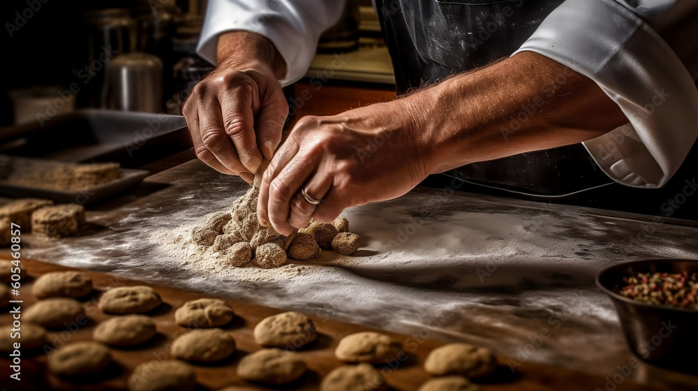 chef pâtissier dans une pâtisserie concept de préparation de pâtisseries manuelles traditionnelles dans une boulangerie traditionnelle, cookies, générateur IA chef pâtissier dans une pâtisserie concept de préparation de pâtisseries manuelles traditionnelles dans une boulangerie traditionnelle, cookies, générateur IA