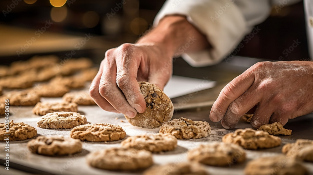 chef pâtissier dans une pâtisserie concept de préparation de pâtisseries manuelles traditionnelles dans une boulangerie traditionnelle, cookies, générateur IA