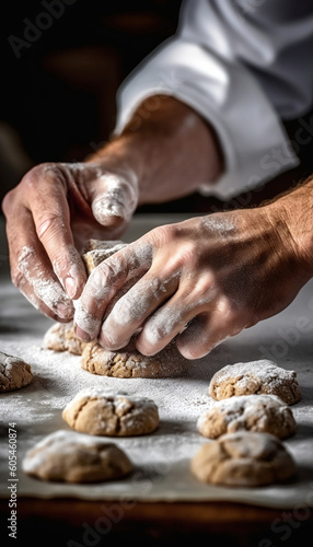 chef pâtissier dans une pâtisserie concept de préparation de pâtisseries manuelles traditionnelles dans une boulangerie traditionnelle, cookies, générateur IA