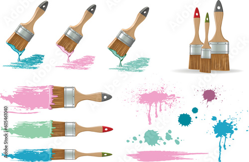 Isolated flat brushes with strokes and spots of paint 
