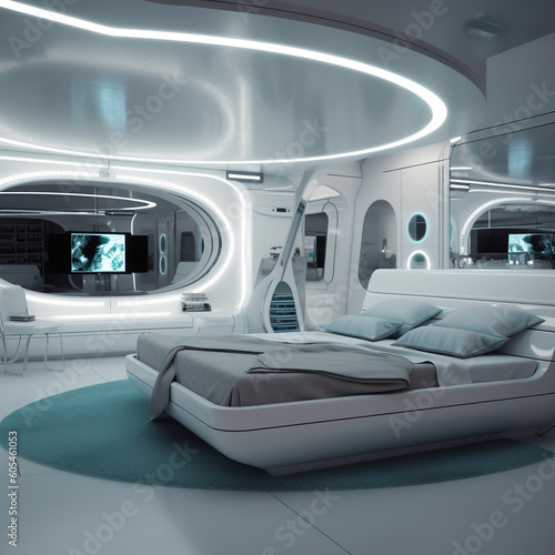 Pretty and cute bedroom futuristic interior design. High tech futuristic bedroom with sleek furniture. Futuristic decor. Realistic 3D illustration. Generative AI © Vagner Castro