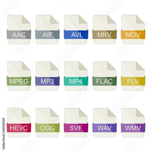 File type icons. Set of video and audio icons on a white background.
