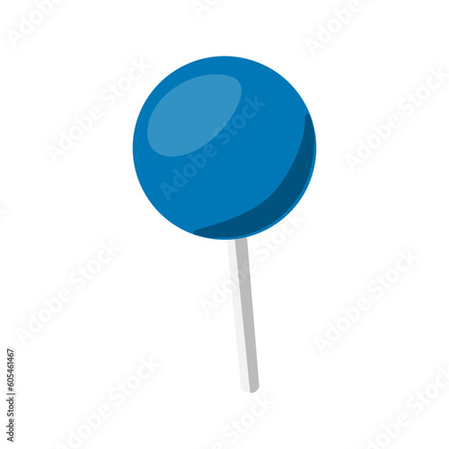 Push pin icon. Thumbtack office supply. Sharp needle button with colorful head for attaching papers, memos and notes to boards in offices, schools, homes. Isolated vector illustration on white.
