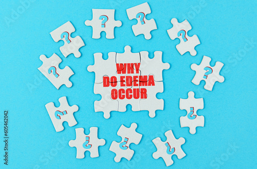 On a blue surface are puzzles with a question mark, in the center with the inscription - why do edema occur photo