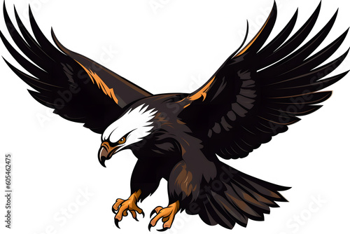 A bald eagle or hawk flying with wings spread mascot. Neural network AI generated photo