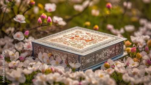 Quran on spring flowers background. Arabic book and flowers. Holy al quran. Closed realistic quran. Realistic 3D illustration. Generative AI photo