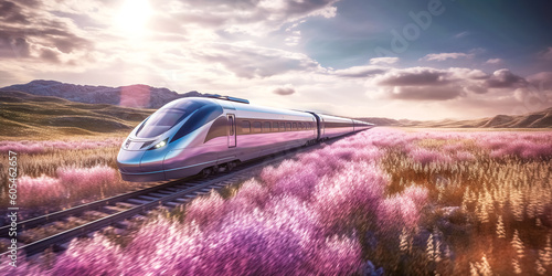 the modern high-speed train will pass through a beautiful picturesque landscape with mountains and lavender, banner, made with Generative AI photo