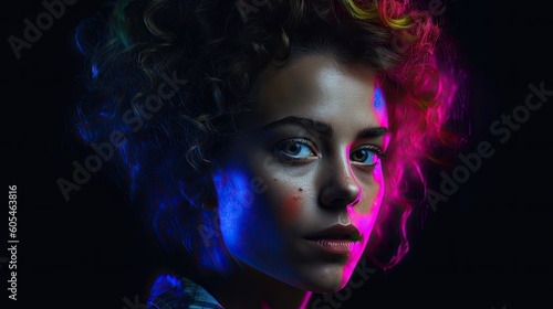 portrait of a person with a hair with colored lights on her face