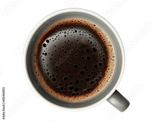 Top view of grey mug with hot black coffee on isolated transparent background, perfect for retouch design. Generative AI