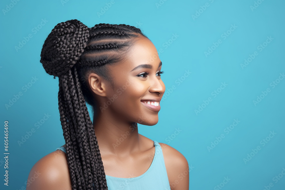 Young smiling afro-american woman with braids on the blue background. Generative AI Young smiling afro-american woman with braids on the blue background. Generative AI