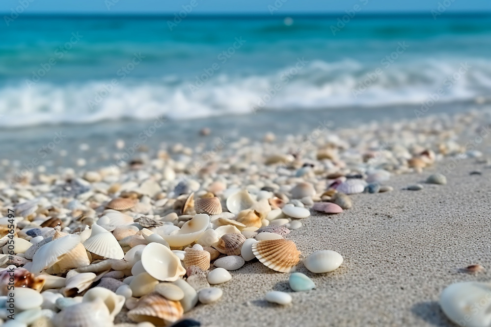 Seashells closeup near the turquoise sea. Generative AI Seashells closeup near the turquoise sea. Generative AI