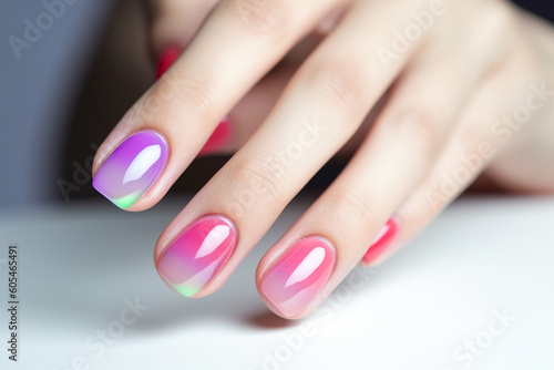 Woman hand closeup with beautiful pink and violet manicure. Generative AI