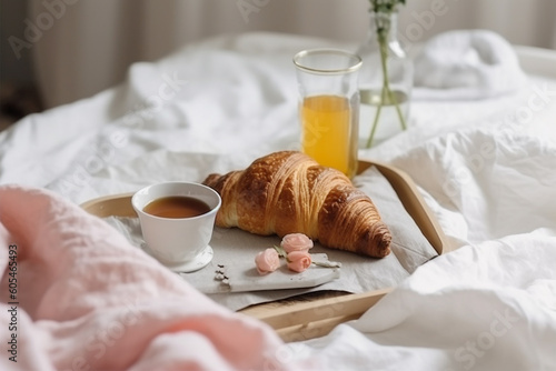 Wooden tray with french sweet breakfast in bed. Generative AI