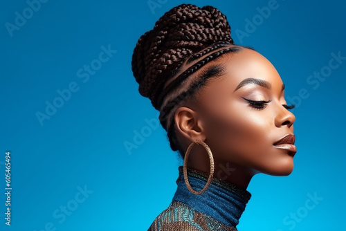 Pretty young afro-american elegant woman with braids on the blue background. Generative AI