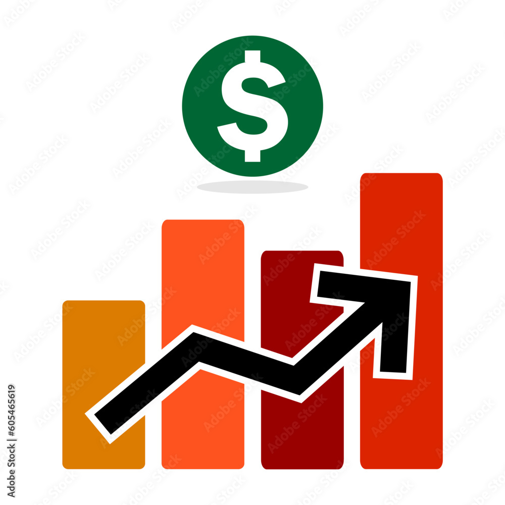 Growing graph icon with bar, dollar symbol and growing arrow. Growth success and progress symbol. Growing graph icon with bar, dollar symbol and growing arrow. Growth success and progress symbol.