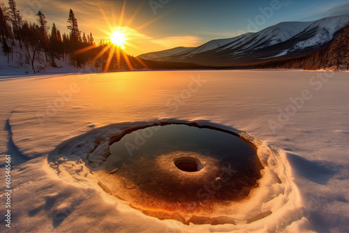 sunrise in the mountains at winter with hole in the ice. Generative AI image. photo