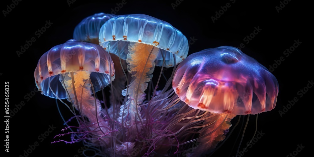 AI Generated. AI Generative. Vibrant jellyfish on black background. Graphic Art AI Generated. AI Generative. Vibrant jellyfish on black background. Graphic Art