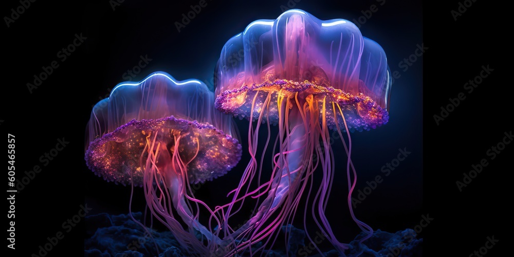 Fototapeta premium AI Generated. AI Generative. Vibrant jellyfish on black background. Graphic Art