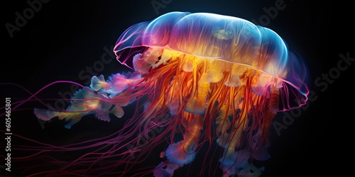 AI Generated. AI Generative. Vibrant jellyfish on black background. Graphic Art