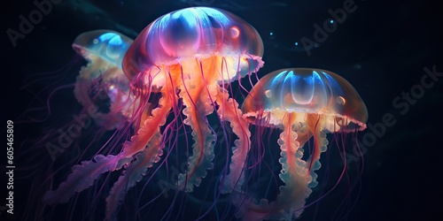 AI Generated. AI Generative. Vibrant jellyfish on black background. Graphic Art