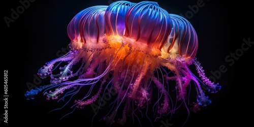 AI Generated. AI Generative. Vibrant jellyfish on black background. Graphic Art © AkimD